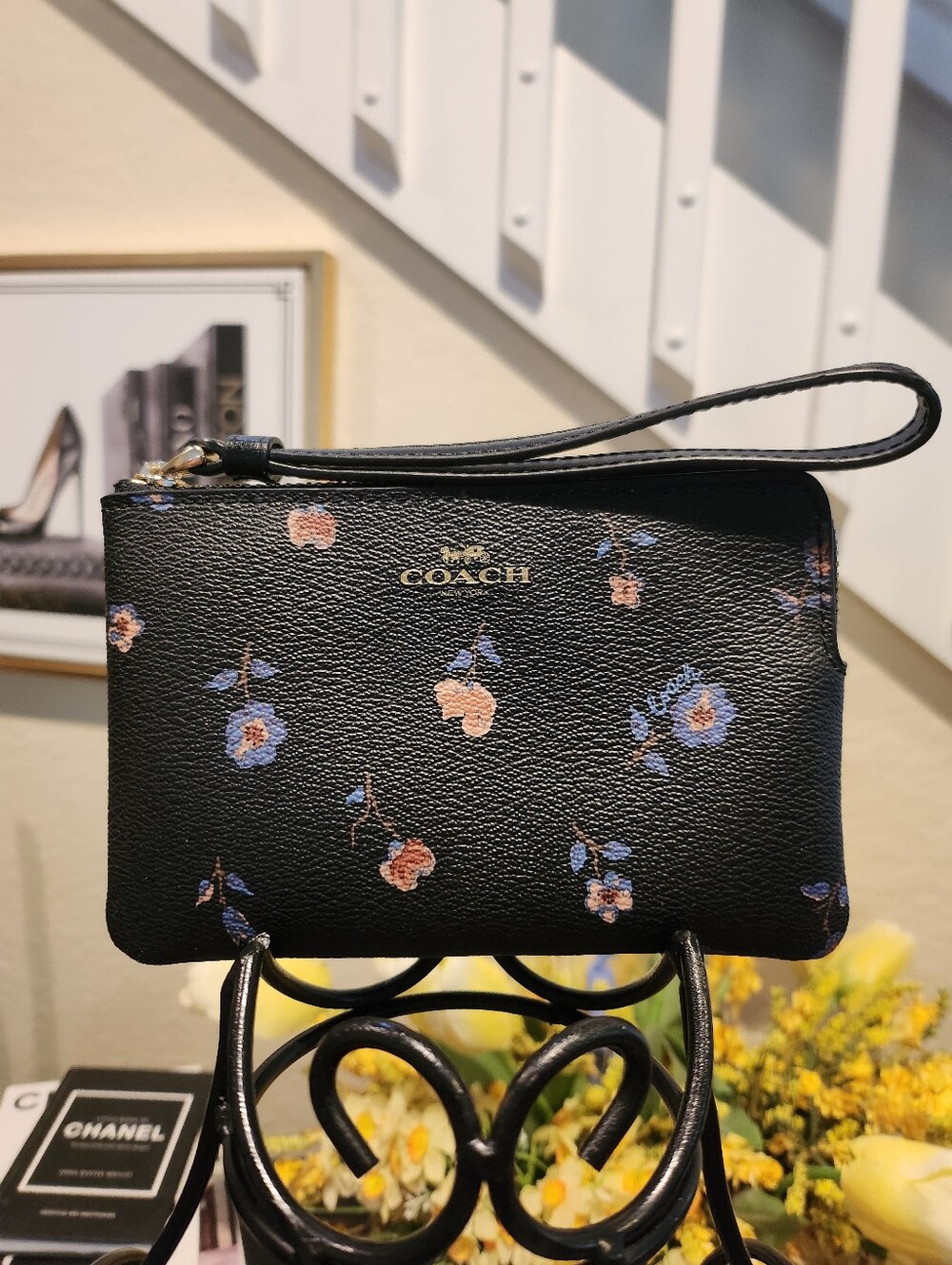 Coach Black Floral Print Corner Zip Wristlet